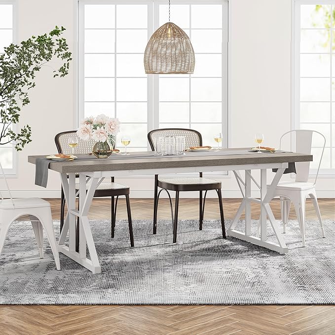 Tribesigns Farmhouse Dining Table for 6 People, 70.8-Inch Rectangular Wood Dining Table, Rustic Kitchen Table with Heavy Duty Metal Legs for Dining Room(Grey)