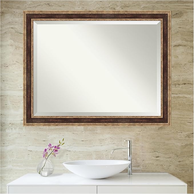 Amanti Art Bronze Bathroom Mirror for Over Sink, 36x46 Ridge Light Bronze Rectangle Vanity Mirror, X-Large Traditional Frame, Hangs Horizonally and Vertically, Bathroom Wall Decor, Beveled Edge