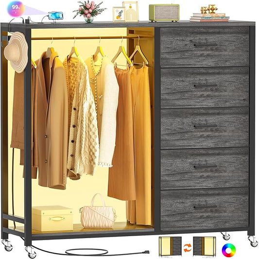 Cyclysio Dresser for Bedroom with Clothes Rack, 5 Fabric Drawers Dresser with Charging Station & LED Lights, Tall Storage Chest of Drawers with Wheels, Wooden Top, Lockable Wheels, Closet, Grey