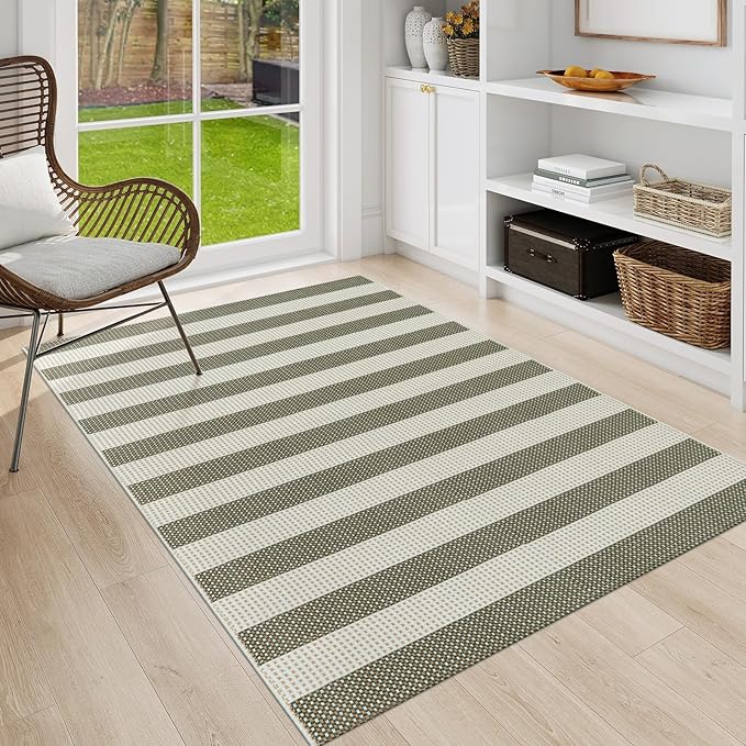 OJIA Striped Outdoor Area Rug 4'x6' Washable Patio Rugs Cotton Woven Living Room Rug Farmhouse Indoor Outdoor Rugs Large Floor Carpet for Courtyard/Bedroom/Entryway (Green/White/Tan)