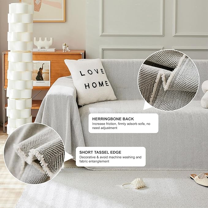 STACYPIK Silver Gray Sofa Cover for Dog, Herringbone Sectional Couch Cover, Pet Friendly Protector for 3 Cushion Couch, Non-Slip L Shaped Sofa Covers, Washable Multi-use Jacquard Blankets-91X150IN