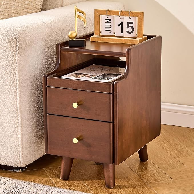 Uniclinens Narrow Nightstand with Drawers, Small Slim Solid Wood Bedside Table for Bedroom, Modern End/Side for Living Room, Walnut
