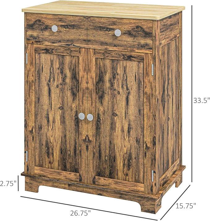 HOMCOM Sideboard with Solid Wood Countertop, Modern Kitchen Storage Cabinet, Coffee Bar Cabinet with 2 Drawers, Doors and Adjustable Shelf, Rustic Brown