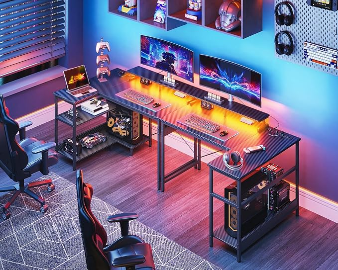 ODK 40 Inch Gaming Desk with USB Power Outlets and LED Lights, Reversible L Shaped Computer Desk with Storage Shelves & Monitor Stand, Corner Home Office Desk Table, Carbon Fiber Surface, Black