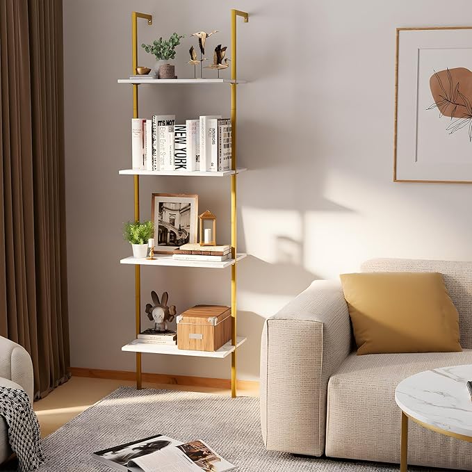 Ladder Shelf 4 Tiers Metal Industrial Bookshelf,White Marble Wood Tall Open Storage Rack and Display Shelves,Wall Mount Wide Book Case for Home Office Bedroom,Small
