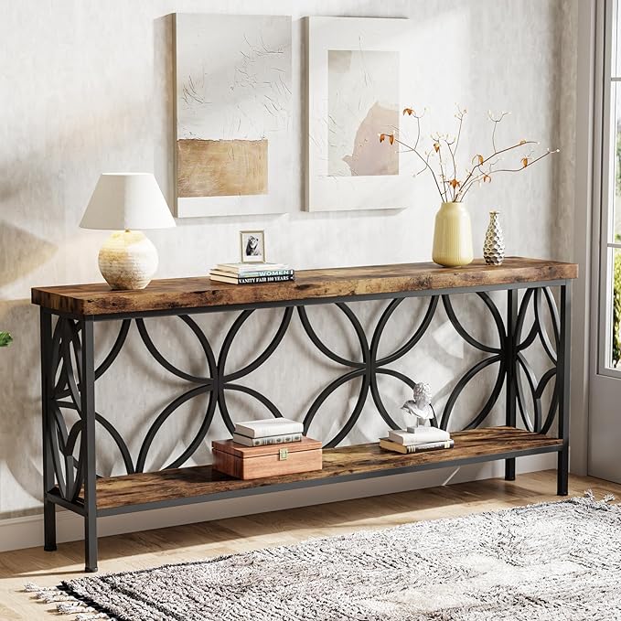 LITTLE TREE Sofa Table, 70.9 Inch Industrial Behind Couch Table with Storage Shelves, Narrow Long Console Table for Entryway, Living Room, Foyer, Hallway, Office