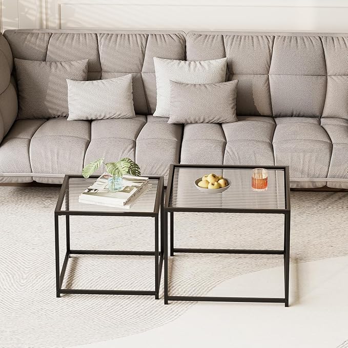 Garden 4 you Coffee Table Set of 2, Modern Patterned Glass Nesting Table, Metal Frame Square Center Table Set, Side Tables, Nesting Coffee Table for Living Room, Bedroom and Small Spaces, 23.6in Black