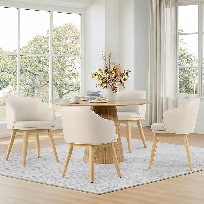 Wooden Dining Chairs Set of 2, Faux Leather Upholstered Modern Dining Room Chairs with Barrel Backrest & Double-Layer Thick Cushion for Living Room, Restaurant, Kitchen and Café, Beige