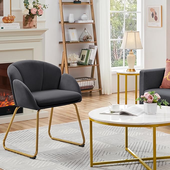 Yaheetech Flower Shape Velvet Armchair, Modern Side Chair Vanity Chair with Golden Metal Legs for Living Room/Dressing Room/Bedroom/Home Office/Kitchen, Dark Gray