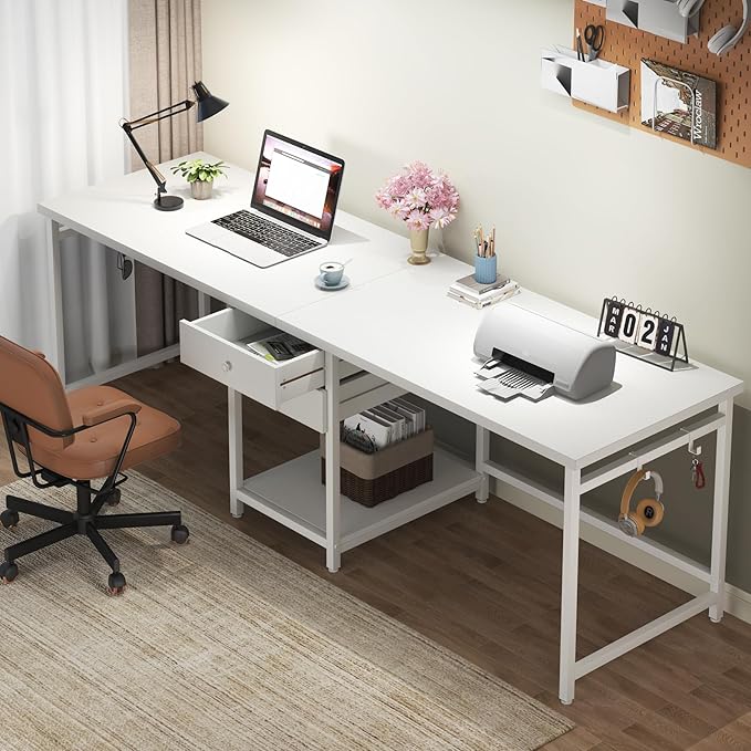 Tribesigns 79 Inch Extra Long Desk, Double Desk with 2 Drawers, Two Person Desk Long Computer Desk with Storage Shelves, Writing Table Study Desk for Home Office, White