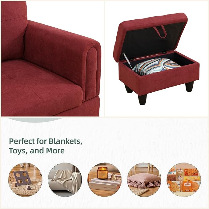L Shaped Sectional Couches for Living Room, Modern Modular Sectional Sofa with Ottoman Storage, Comfy L Shaped Couch with Chaise for Bedroom Apartment Furniture, Red