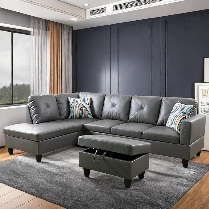 L Shaped Sectional Sofa with Ottoman, Leather Right Facing Modern Couches for Living Room, Bedroom, Office