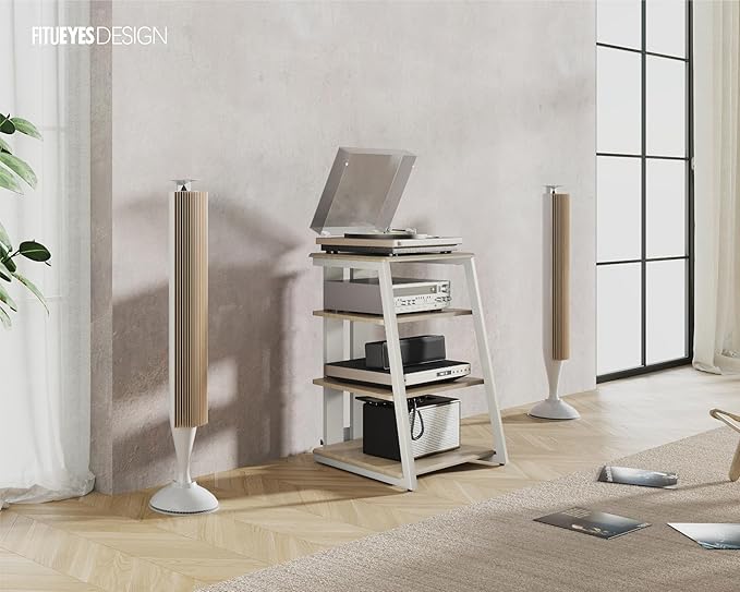 FITUEYES Design 4-Tier AV Media Stand Corner Shelf Stand Wooden Corner Shelves Component Cabinet Stereo Rack Audio Tower with Height Adjustable Wooden Shelves for ps4 (White Oak)