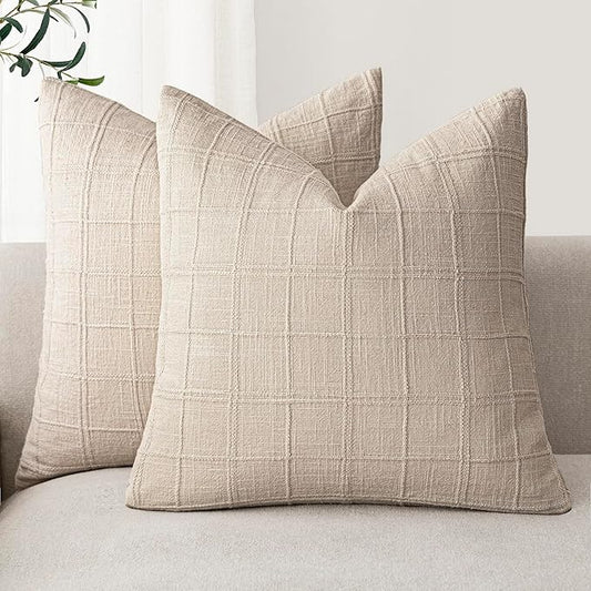 Foindtower Set of 2 Decorative Linen Check Throw Pillow Covers Neutral Farmhouse Vintage Cushion Covers Modern Boho Home Decor For Sofa Chair Couch Bedroom Living Room Outdoor,16×16 Inch,Natural Linen