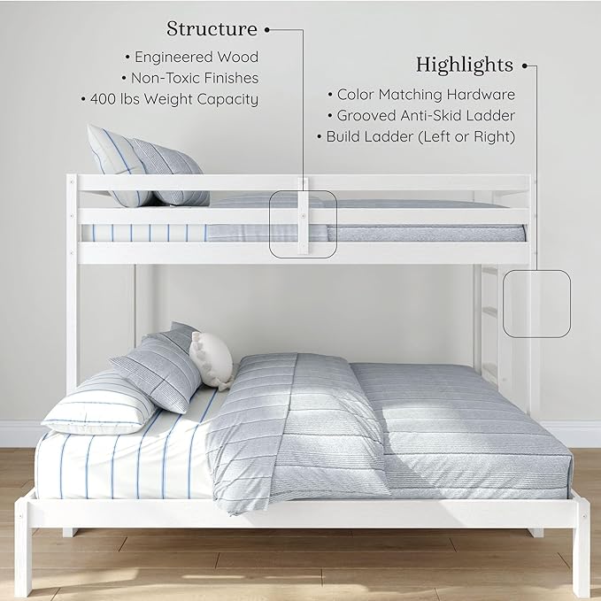 Grain & Grove Bear Twin XL Over Queen Bunk Bed, Sturdy Bunk Bed Frame for Kids, Plywood Bunk with Ladder, Guardrail, and Slats, No Box Spring Required, Brushed White