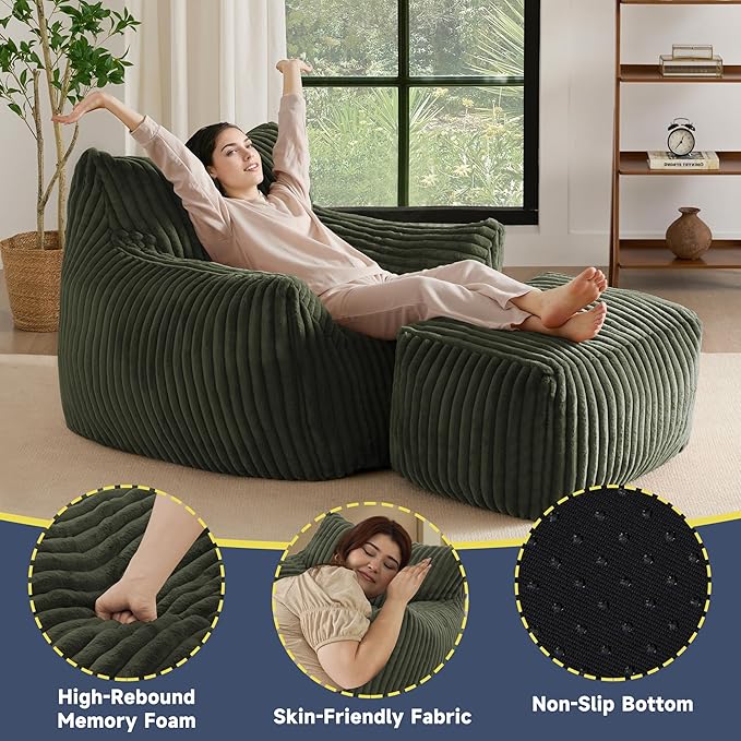 Giant Bean Bag Chairs for Adults, Oversized Chaise Lounge Chair Indoor with Memory Foam - Plush Boneless Lounger & Ottoman for Bedroom, Living Room, Gaming & Reading, Lazy Floor Sofa Chair, Green