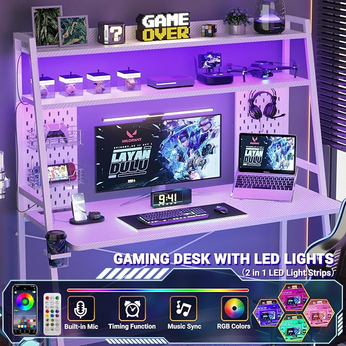 Gaming Desk with Hutch and LED Lights, Gaming Computer Desk with Power Outlets, Gamer Desk with Storage Shelves, PC Game Desk with Pegboards for Bedroom, Carbon Fiber White, 49"