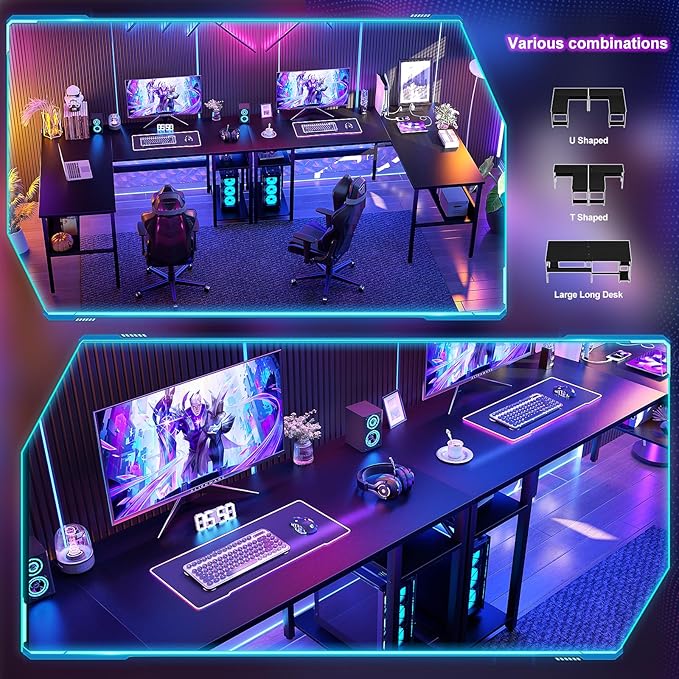 Reversible L Shaped Computer Desk with Magic Power Outlet, Sturdy Office Corner Desk, L Shape Gaming Table with Storage Shelf, Black