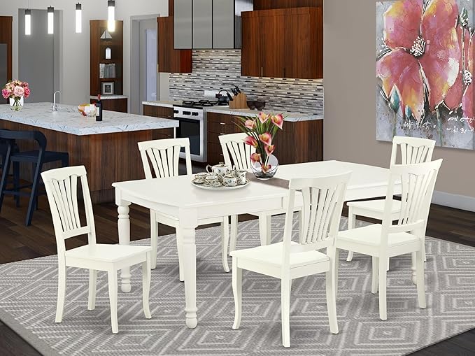 East West Furniture DOAV7-LWH-W 7 Piece Kitchen Table Set Consist of a Rectangle Dining Table with Butterfly Leaf and 6 Dining Room Chairs, 42x78 Inch, Linen White