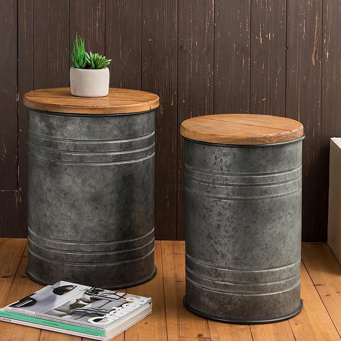Glitzhome Farmhouse Accent Side Table, Metal Storage Stool Ottoman with Round Lid - Galvanized Coffee Cocktail End Tables Set of 2 for Living Room Bedroom, Grey