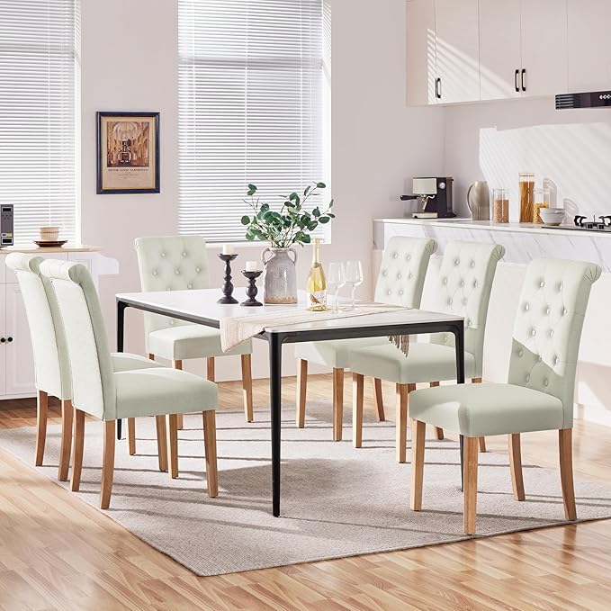 Yaheetech Dining Chairs Set of 6 Fabric Upholstered Dining Room Chairs with Button Tufted High Back and Solid Wood Legs for Kitchen/Living Room/Restaurant, Modern Style, Beige