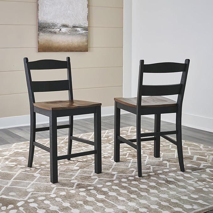 Signature Design by Ashley Valebeck Rustic 24” Counter Height Bar Stool with Contoured Seat, Set of 2, Black & Dark Brown