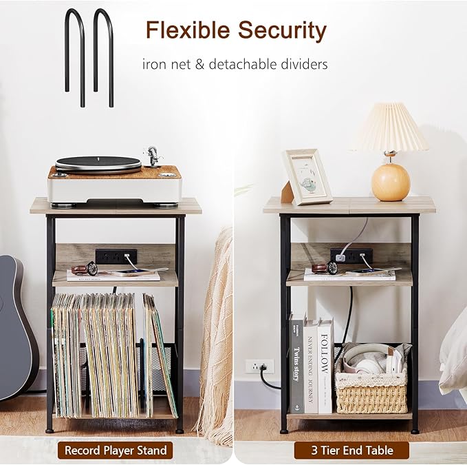 AMHANCIBLE Record Player Stand with Charging Station, Large Turntable with Storage Cabinet holds up to 100 Albums, 3 Tier End Table for Vinyl, Living Room, Grey, HETCD012GY-1