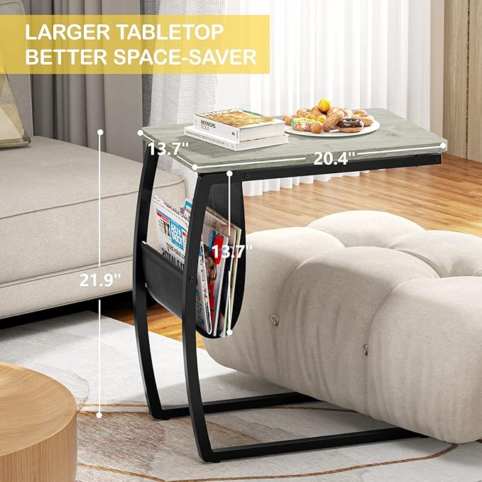 SRIWATANA Side End Tables Living Room, Vintage C-Shaped Laptop Table for Couch, Snack Table with Side Pocket, Light Grey