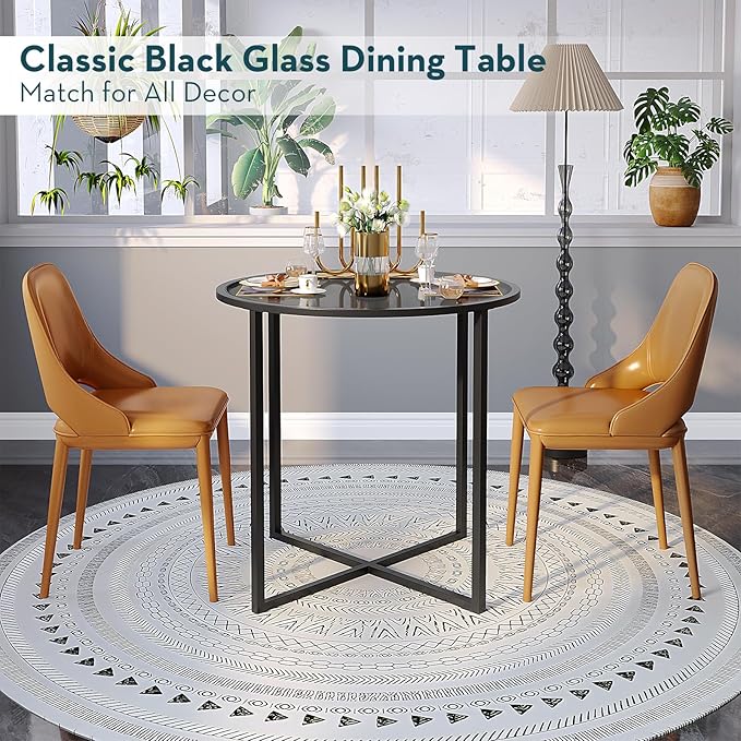 SAYGOER Small Round Dining Table for 2,Glass Circle Kitchen Dinner Table,26.7'' Multifuntional Modern Desk for Dining Room,Office,Kitchen,Apartment,Easy Assembly, All Black