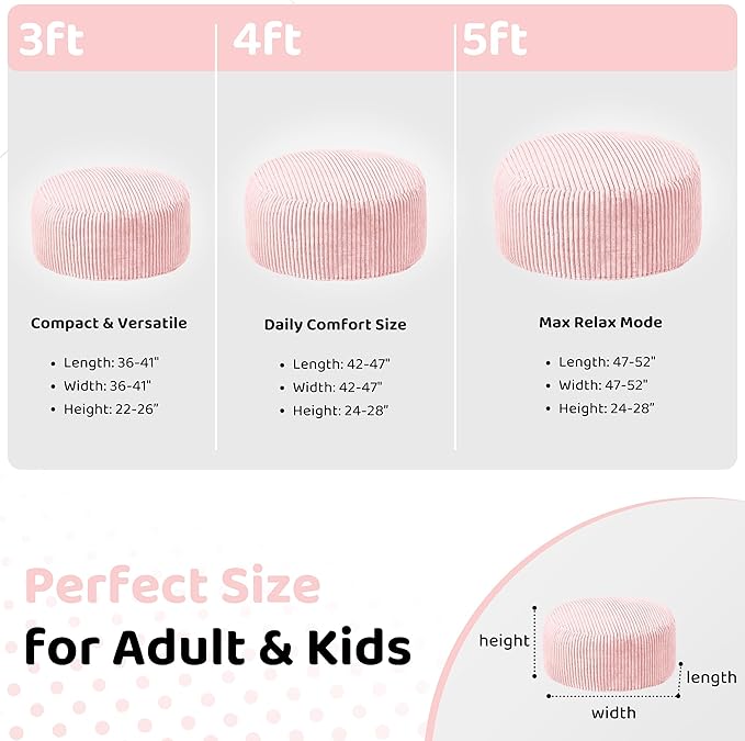 HABUTWAY 4FT Bean Bag Chair, 4' Large Bean Bag Chairs for Adults with Removable Stripe Plush Cover, Memory Foam Beanbag Chair for Living Room Bedroom Dorm (Tender Pink)