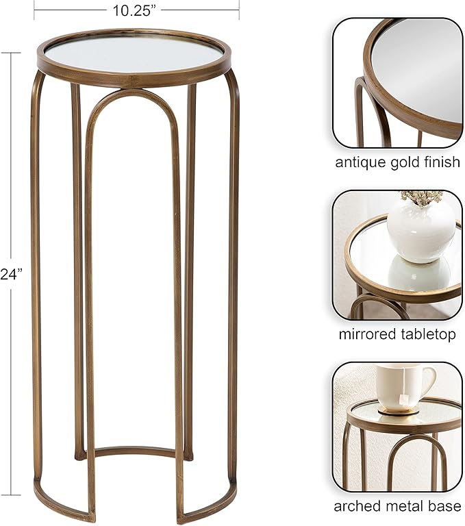 Kate and Laurel Pomeroy Vintage Decorative Drink Table; 11 x 11 x 24; Mirrored Glass and Antique Gold; Traditional Glam Pedestal Table with Arched Base and Round Tabletop