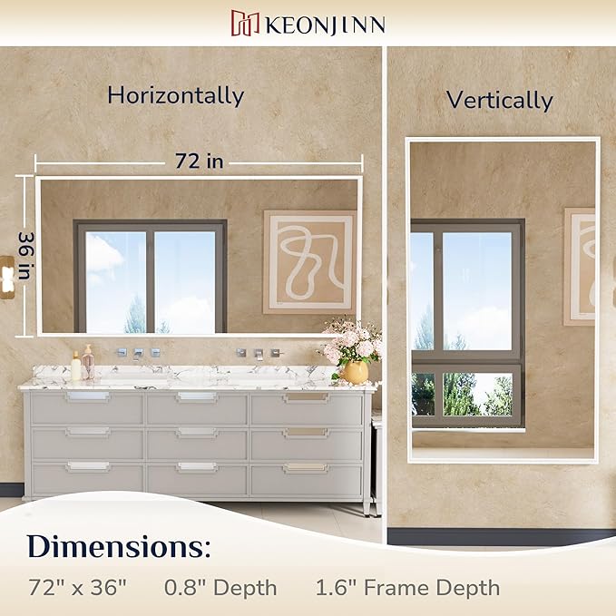 Keonjinn White Bathroom Mirrors for Over Sink 72 x 36 Inch Large Bathroom Vanity Mirror for Wall Metal Frame Modern Rectangle Mirror Square Corner Matte White Rectangular Mirror(Horizontal/Vertical)