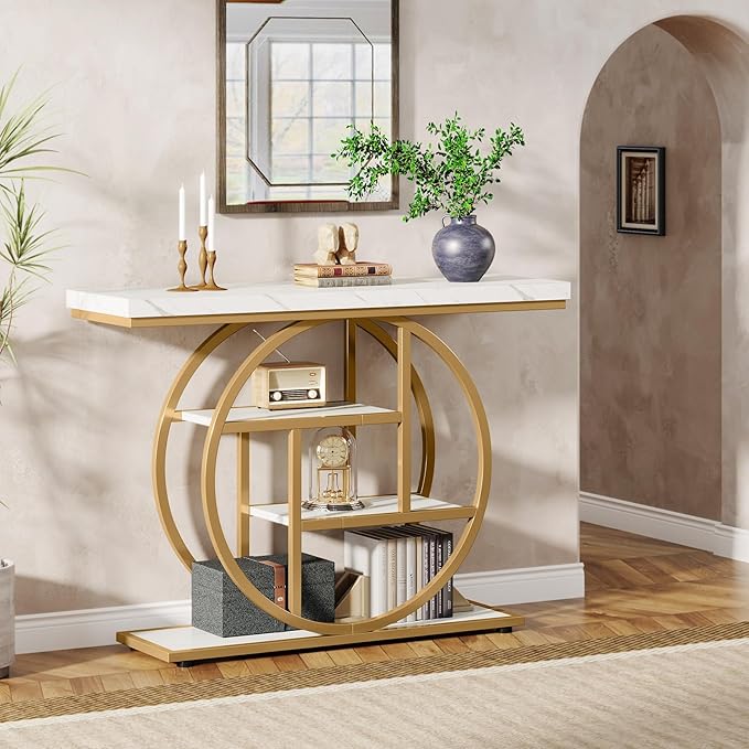Tribesigns 41.3" Console Table, Industrial 4-Tier Sofa Entryway Table with Circle Base, Narrow Wood Accent Tables with Storage Shelves for Living Room, Hallway, Foyer, White Gold