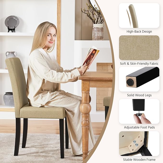 Yaheetech Dining Chairs Set of 4 Fabric Parson Upholstered Kitchen Chairs with Padded Seat and Solid Wood Legs for Dining Room/Restaurant, Armless Design, Khaki