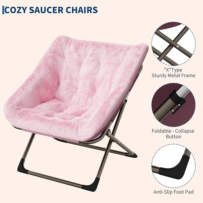 Comfy Chair for Adults, Foldable Living Room Chairs, Soft Faux Fur Folding Lounge for Bedroom Living Room Dorm Rooms, Flexible Reading Chair for Teens (2, Pink, Extra Large)