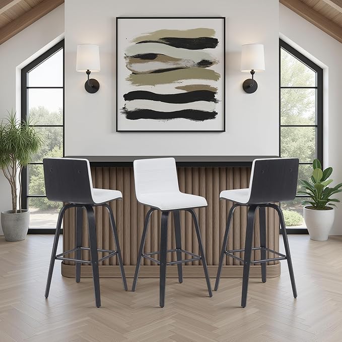 Vienna Modern Swivel Bar Height Stool with Snow White Faux Leather Seat and Black Brushed Wood Frame Set of 3
