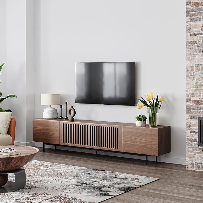 POVISON Full Assembled Mid-Century Modern TV Stand with Slatted Doors, Wood Media Console for 75 Inch TV, TV Console with Tall-cast Metal Legs, Entertainment Center with Storage for Living Room