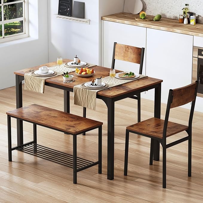 4-Piece Dining Table Set with Bench - 4 Person Kitchen Table and 2 Chairs for Small Spaces, Apartment - Metal Frame & Woodgrain Tabletop, Space-Saving Design, Durable & Easy to Clean, Rustic Brown