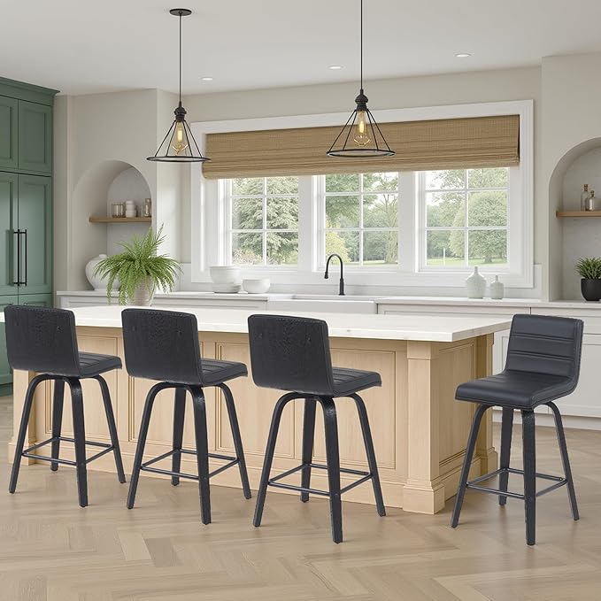 Vienna Modern Counter Height Swivel Bar Stool with Black Faux Leather Seat and Black Brushed Wood Frame Set of 4