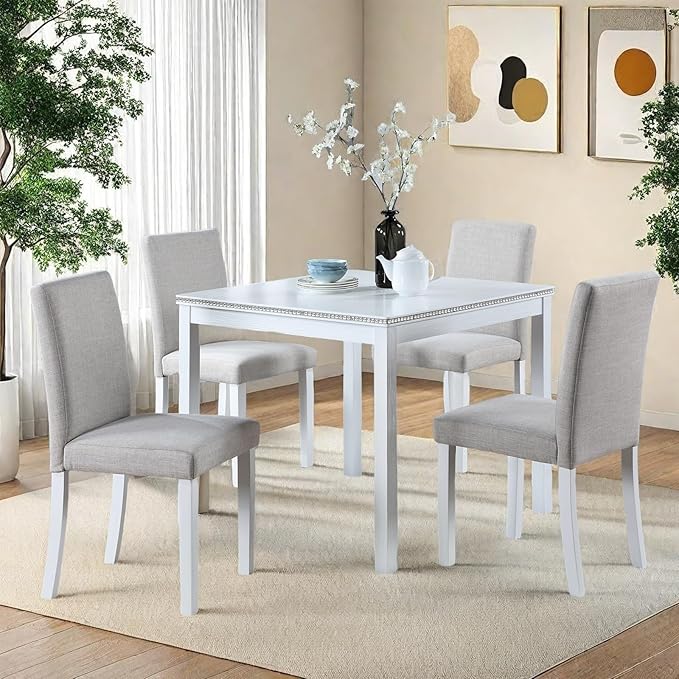 Dining Table Set for 4, 5-Piece Kitchen Table & Chairs Set with Versatile Square Table & 4 Upholstered Chairs, 34.5'' Dinner Set with Crystal Decorations & Wood Grain Design, Light White