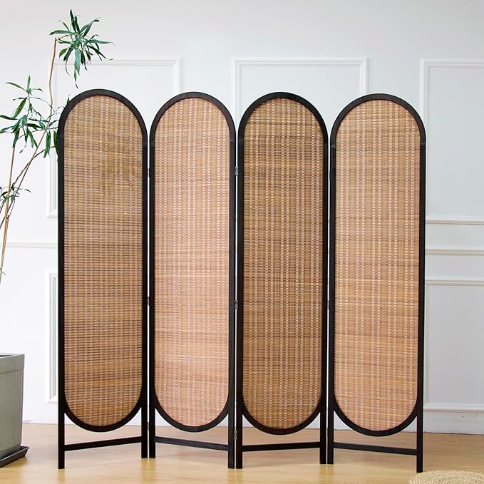 4 Panel Room Divider Screen and Folding Panel Divider in Arch Shape,Double Sided Bamboo Panel Screen for Room Separation,Brown,70.9" H x 70.9" W