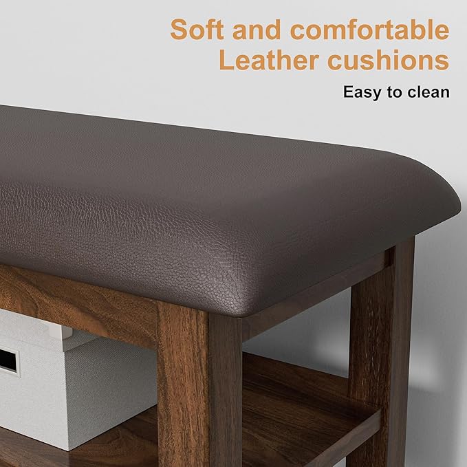 Wooden Shoe Bench Storage with Leather Cushion, Rustic Solid Wood Entryway Bench with 3-Tiers Height Adjustable, Shoe Rack Front Doors Entrances for Hallway Living Room,Mudrooms (Brown,47.2")