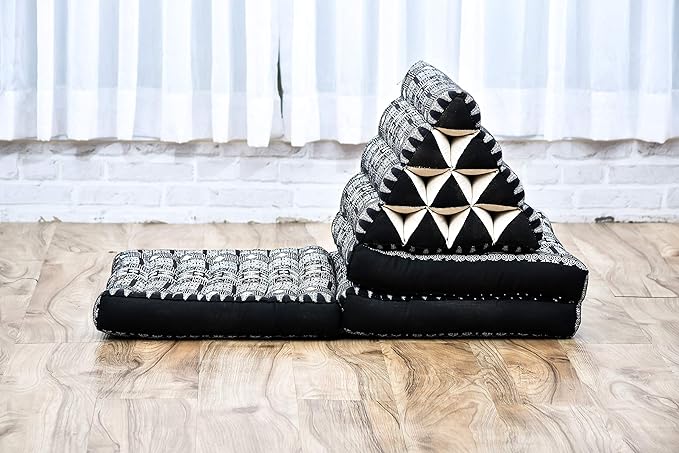 Leewadee - Comfortable Japanese Floor Mattress - Thai Floor Bed with Triangle Cushion - Futon Mattress - Thai Massage Mat, 67 x 21 inches, Anthracite Black, Kapok Filling