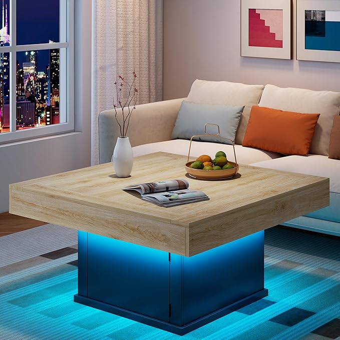 LED Coffee Tables for Living Room, Farmhouse Wood Coffee Table, 33.5" Square Coffee Table with Storage, Large Vintage Brown Center Table, Living Room Tables Cocktail Table (Natural)