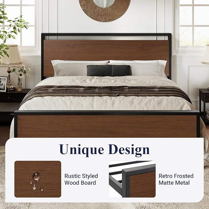 Allewie Queen Size Platform Bed Frame with Wooden Headboard and Footboard, Heavy Duty 12 Metal Slats Support, No Box Spring Needed, Under-Bed Storage, Noise Free, Easy Assembly, Walnut