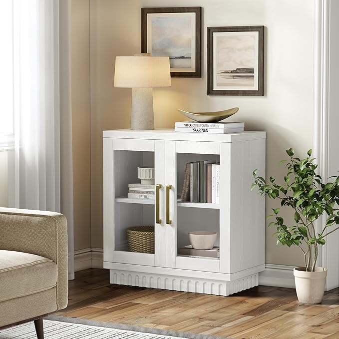 Buffet Cabinet with Storage, Sideboard Buffet with Glass Doors, Cupboard Console Table Accent Cabinet for Hallway, Entry, Kitchen, Living Room, Dining Room, Montauk White