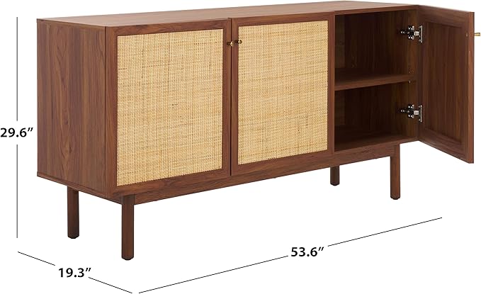 SAFAVIEH Aino TV Stand for up to 60" Flatscreen – Walnut Brown with Rattan Mesh, 3 Doors with Interior Storage, Sideboard Cabinet, Entertainment Media Console (MED9618A)