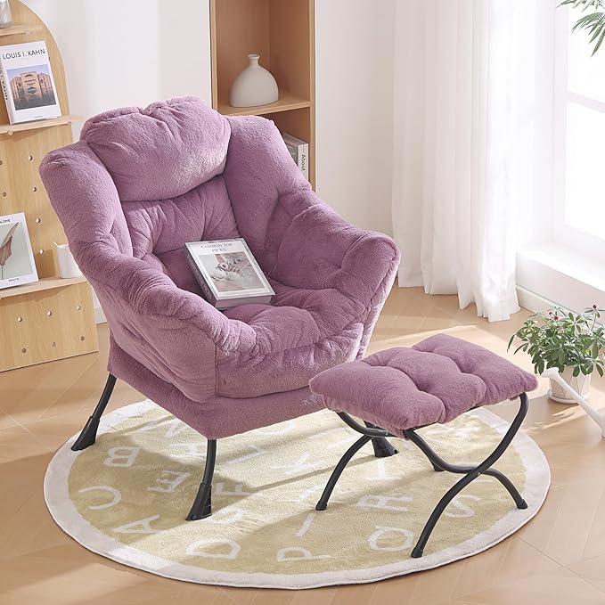Oversized Chair with Ottoman, Modern Chair with Folding Footrest, Lounge Accent Chair, Comfortable Reading Chair for Bedroom, Study, Living Room, Courtyard (Plush Purple)