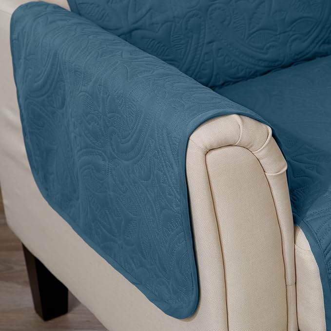 Great Bay Home Medallion Stitched Solid Furniture Protector Stain Resistant Durable Furniture Protector Elenor Collection (Chair, Smoke Blue/Ivory)