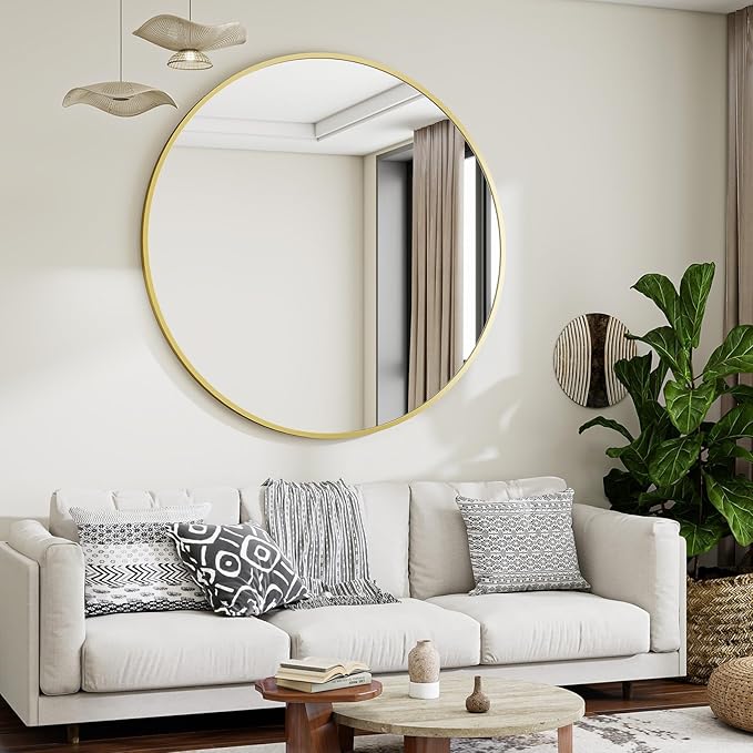 Gold Round Bathroom Mirror, 48 inch Large Circle Wall Mounted Hanging Mirror with Simple Modern Circular Metal Frame for Hallway, Entryway, Living Room, Gold Frame